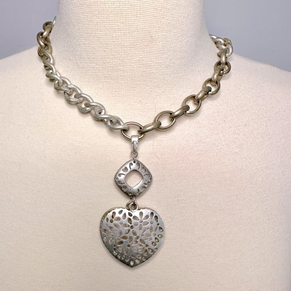 Jessica Simpson Necklace Peace Heart Silver Brass Two Tone 18”